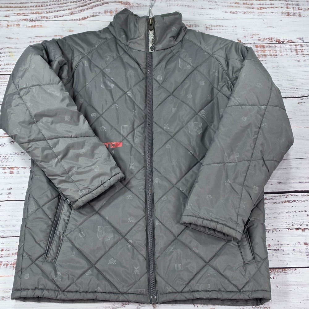 Burton Quilted Puffer Jacket Kids Size L 10/12 Gray Good Pixel Graphic Zip Up